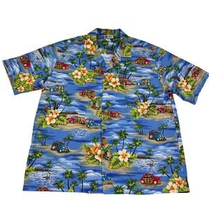 Aloha Republic Floral Tropical Resort Woody Trucks Button Down Shirt Men's 2XL